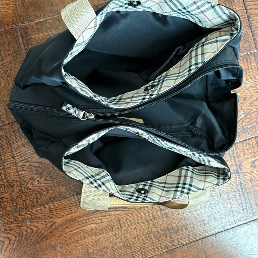 Burberry Black Canvas Tote/ Tan Leather Handles with Nova Check Bottom/Interior - Picture 10 of 16